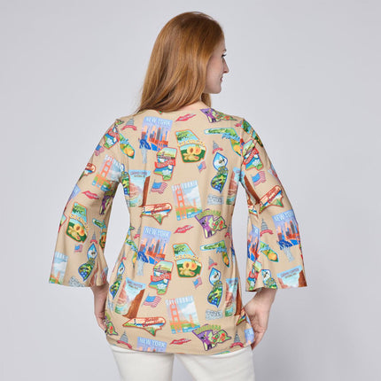 Antthony Postcard Printed Studio Stretch Knit Tee with Bell Sleeves
