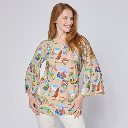 Antthony Postcard Printed Studio Stretch Knit Tee with Bell Sleeves