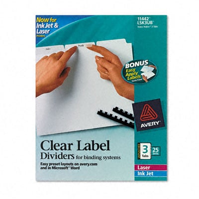 Avery 3-Tab Unpunched Dividers for Use with Any Binding System, Easy Print & Apply Clear Label Strip, Index Maker Customizable White Tabs, 25 Sets (11442)