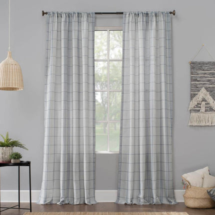 63"x54" Castille Farmhouse Plaid Beige Semi-Sheer Rod Pocket Curtain Panel Blue/Beige - No. 918