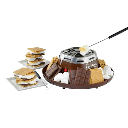 Nostalgia Tabletop Indoor Electric S'mores Maker - Smores Kit With Marshmallow Roasting Sticks and 4 Trays for Graham Crackers, Chocolate, and Marshmallows - Movie Night Supplies - Brown Brown