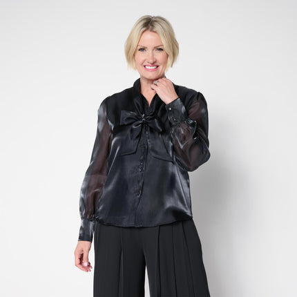 C Wonder Christian Siriano Sheer Organza Button-Down Blouse with Necktie