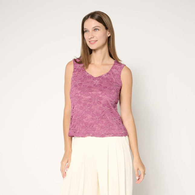 C Wonder by Christian Siriano Elegant Knit Lace V-Neck Tank Top
