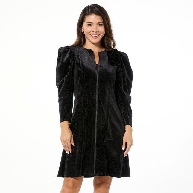Christian Siriano Seamed Velvet A-Line Midi Dress with Puffed Shoulders