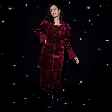 Christian Siriano Seamed Velvet A-Line Midi Dress with Puffed Shoulders