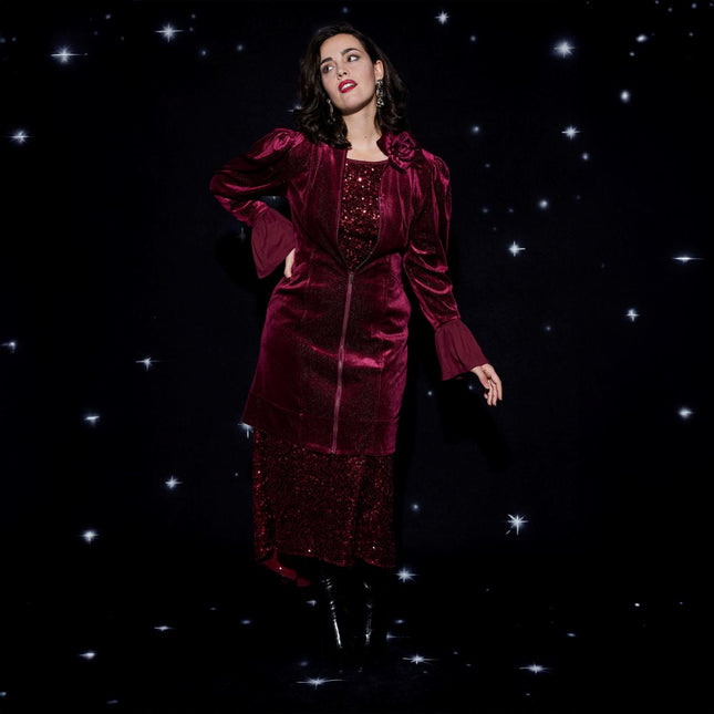 Christian Siriano Seamed Velvet A-Line Midi Dress with Puffed Shoulders