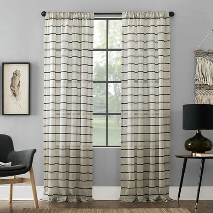 84"x52" Twill Stripe AntiDust Curtain Panel Black/Linen - Clean Window: Modern Light Filtering Striped Linen Panel