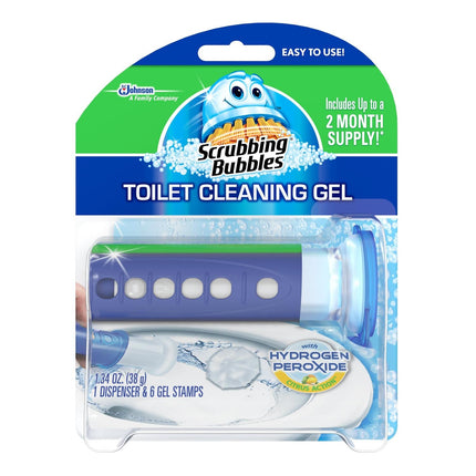 Scrubbing Bubbles Fresh Gel Toilet Bowl Cleaning Stamps, Helps Keep Toilet Clean and Helps Prevent Limescale & Rings, Citrus Scent, 1 Dispenser with 6 Fresh Gel Stamps