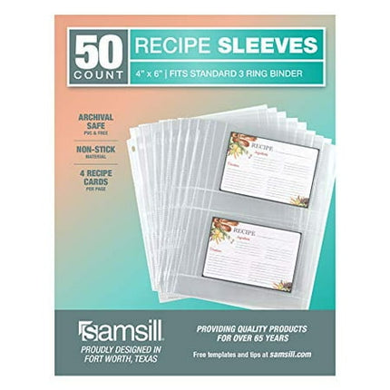 Samsill Recipe Card Page Protectors for 8.5 x 11 Recipe Binder, 4 x 6 Pockets, 2 Pockets, 50 Count, Recipe Book Pocket Page Refill Sheets, Side Margin Loading, for 8.5 x 11 Standard 3 Ring Binders