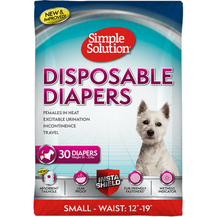 Simple Solution Female Dog Diapers – Disposable Diapers for Potty Training, Incontinence, and Heat Cycle Protection – Leak-Proof Fit for Small Dogs, 12–19 Inch Waist – 30 Count
