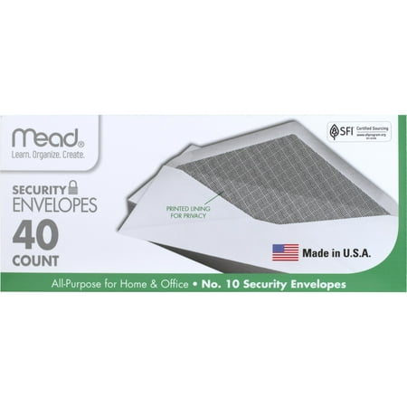 Mead #10 Envelopes, Security Printed Lining for Privacy, Gummed Closure, All-Purpose 20-Ib Paper, 4-1/8" x 9-1/2", White, 40 Letter Size Envelopes per Box (75214)