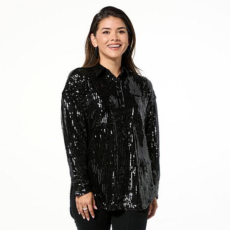 Curations x Debbie Denmon Sparkle Sequin Button-Down Shirt for Women