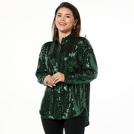 Curations x Debbie Denmon Sparkle Sequin Button-Down Shirt for Women