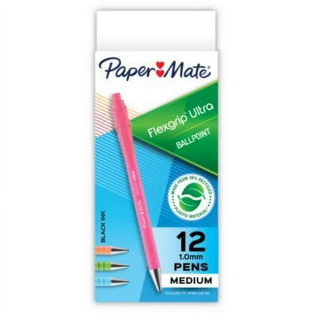 9 Paper Mate FlexGrip Ultra Ballpoint Pens Made from Recycled Plastic Materials Assorted Barrel Colors Medium Point (1.0mm) Black 12 Count