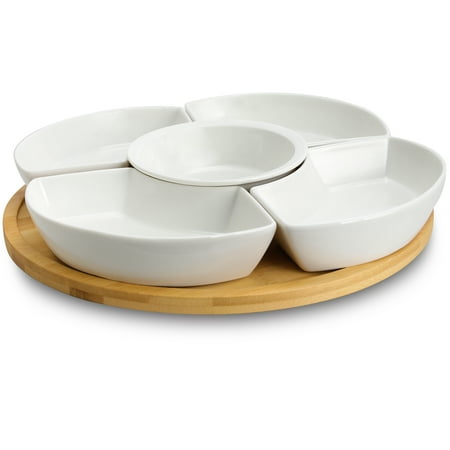 Elama Signature Appetizer and Condiment Server Set 5 Dishes and 1 Lazy Suzan Serving Tray, 6 Piece, White Stoneware and Natural Bamboo White Stoneware and Natural Bamboo