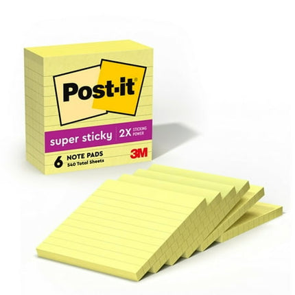 Post-it Super Sticky Lined Notes, 6 Sticky Note Pads, 4 x 4 in., School Supplies for Students, Ideal for Textbooks, Notebooks, Walls and Vertical Surfaces, Canary Yellow