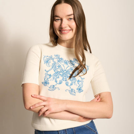 DG2 Diane Gilman Embroidered Short-Sleeve SoftEase Knit Sweater Top