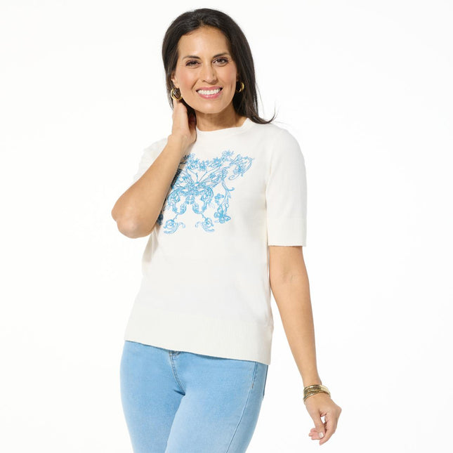 DG2 Diane Gilman Embroidered Short-Sleeve SoftEase Knit Sweater Top