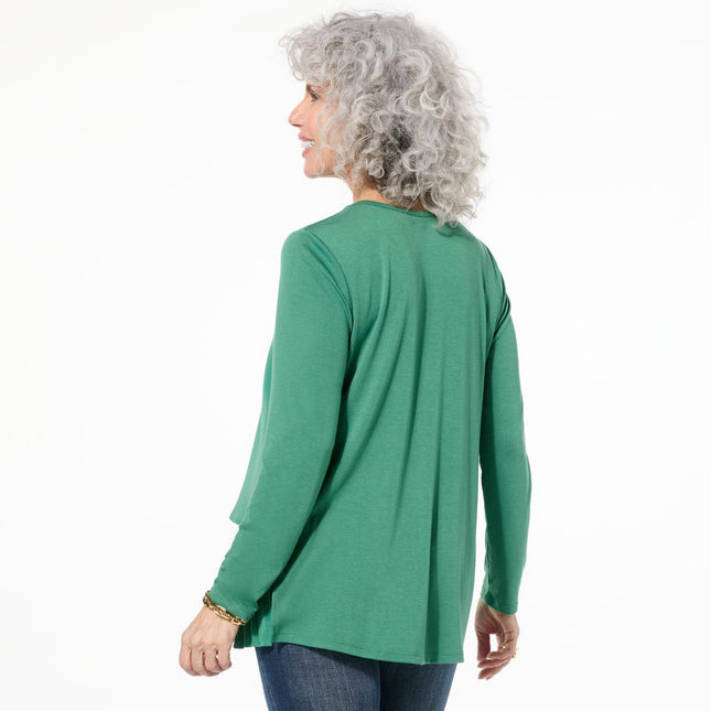 DG2 by Diane Gilman Long-Sleeve Pleated Peplum Easy Top - Silky Crepe Knit