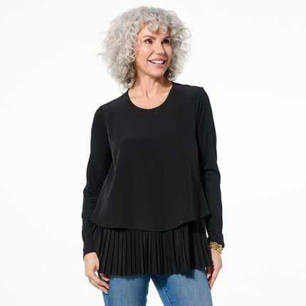 DG2 by Diane Gilman Long-Sleeve Pleated Peplum Easy Top - Silky Crepe Knit