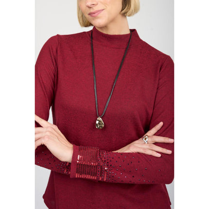 DG2 Diane Gilman Mock Neck Top with Embellished Long Sleeves
