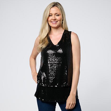 DG2 Diane Gilman Sequin Front Combo Easy Tank Sleeveless Top