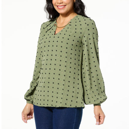 DG2 by Diane Gilman Swiss Dot Chain-Trimmed Blouse with Elegant Neckline