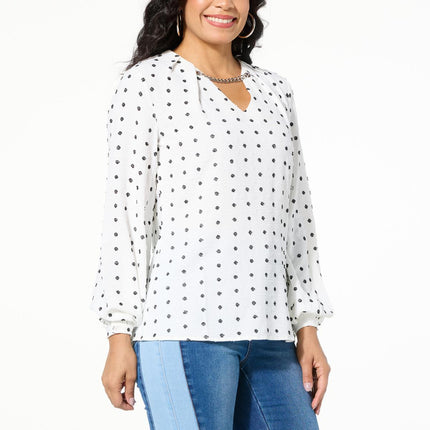 DG2 by Diane Gilman Swiss Dot Chain-Trimmed Blouse with Elegant Neckline