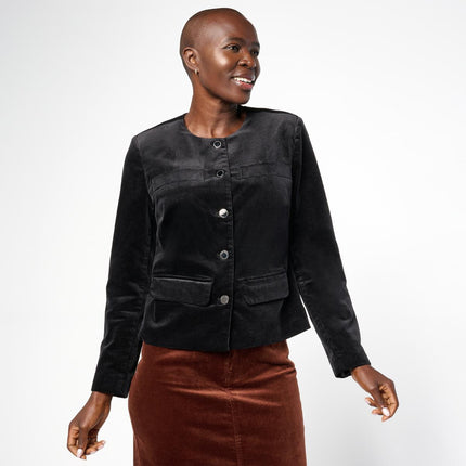 Diane Gilman Stretch Velveteen Collarless Tailored Jacket for Women Sleek Fit