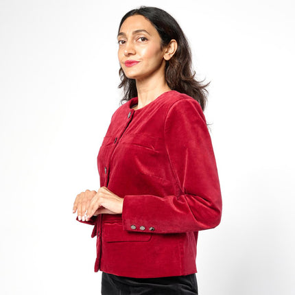 Diane Gilman Stretch Velveteen Collarless Tailored Jacket for Women Sleek Fit