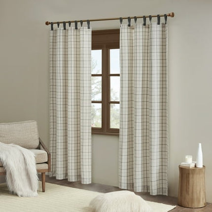 50"x84" Madison Park Light Filtering Preston Plaid Faux Leather Tab Top Curtain Panel with Fleece Lining: Thermal Insulated
