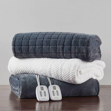 Brookstone Heated Electric Blanket Plush Dual Zone Full/Queen Gray
