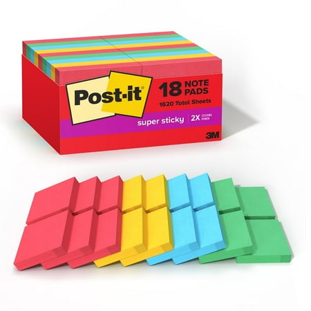 Post-it Super Sticky Notes, 18 Sticky Note Pads, 1.875 x 1.875 in., Back to School Supplies and Office Products, Ideal for Textbooks, Notebooks, and Vertical Surfaces, Playful Primaries Collection