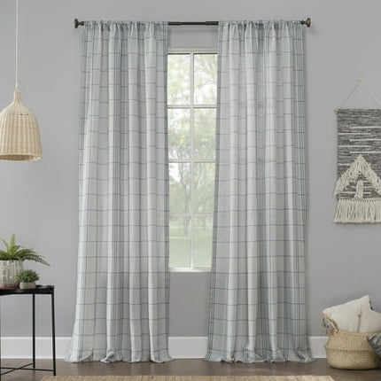 63"x54" Castille Farmhouse Plaid Beige Semi-Sheer Rod Pocket Curtain Panel Blue/Beige - No. 918
