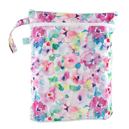 Bumkins Waterproof Wet Dry Bag for Baby, Travel, Swimsuit, Cloth Diaper, Pump Parts, Pool, Beach, Gym Clothes, Toiletry, Hook to Stroller, Daycare, Zip Reusable Wetdry Packing Pouch, Watercolor Floral Multicolor