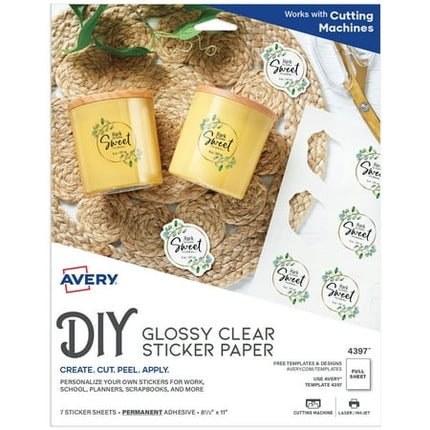 Avery Printable Sticker Paper, 8.5" x 11", Glossy Clear, Permanent Adhesive, Laser/Inkjet Compatible, 7 Full-Size Label Sheets, Great for Product Branding, Cute Stickers, Custom Signs, and More (4397)