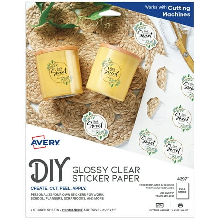 Avery Printable Sticker Paper, 8.5" x 11", Glossy Clear, Permanent Adhesive, Laser/Inkjet Compatible, 7 Full-Size Label Sheets, Great for Product Branding, Cute Stickers, Custom Signs, and More (4397)