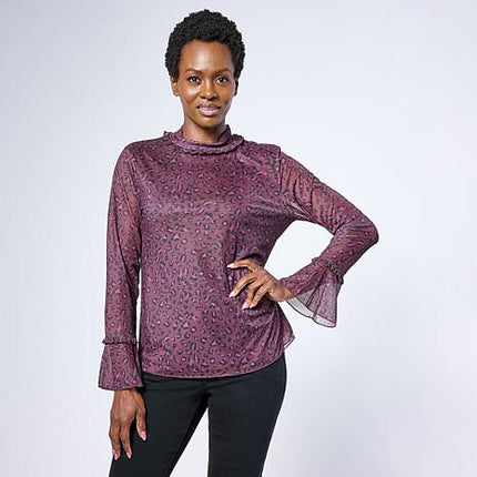 G by Giuliana Animal Print Mesh Top with Elegant Flounce Sleeves