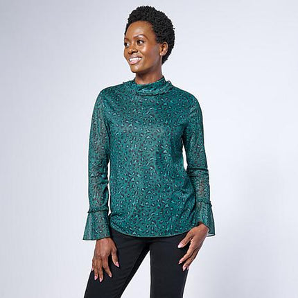 G by Giuliana Animal Print Mesh Top with Elegant Flounce Sleeves
