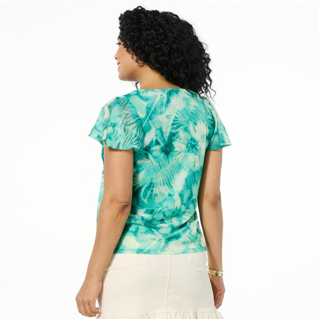 G by Giuliana Women's Printed Aria Mesh Knit Flutter-Sleeve Top, V-Neck
