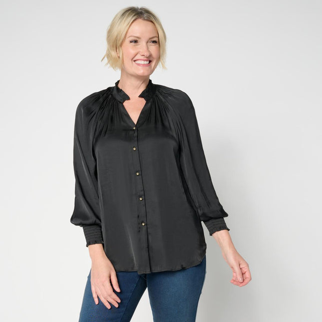 G by Giuliana Woven Ruffle Collar Button Front Printed Blouse