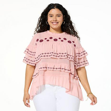 G by Giuliana Woven Embroidered Ruffle Top with Elegant Detailing