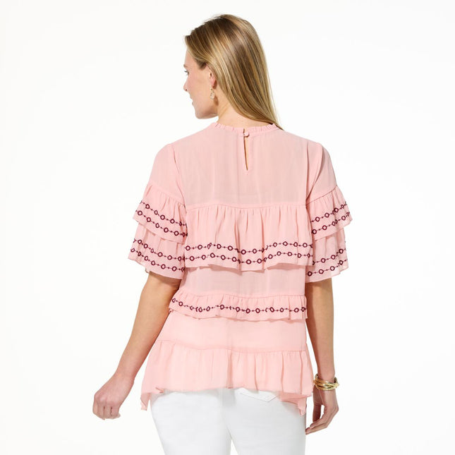 G by Giuliana Woven Embroidered Ruffle Top with Elegant Detailing