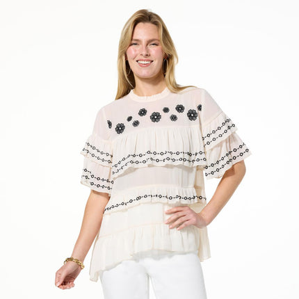 G by Giuliana Woven Embroidered Ruffle Top with Elegant Detailing