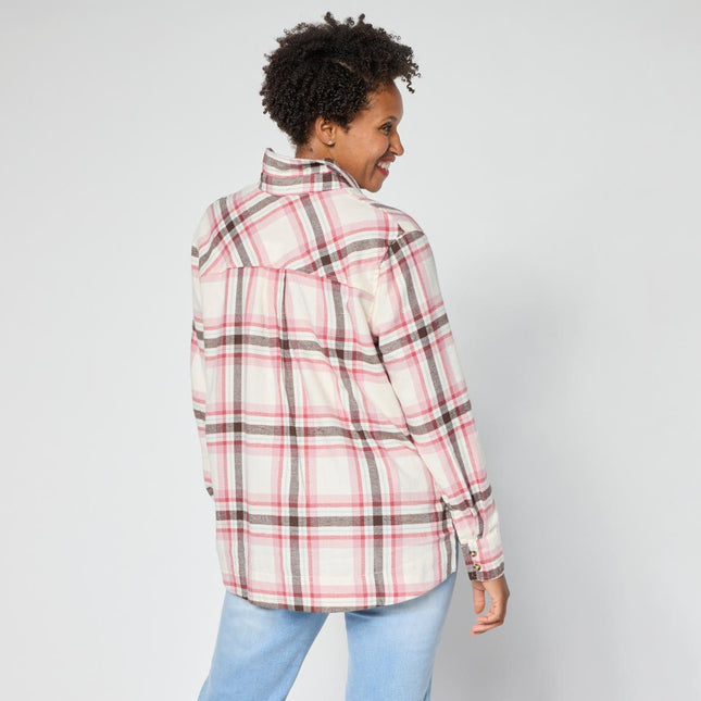 HUE Women's Plaid Flannel Relaxed Fit Button Down Hi-Low Shirt