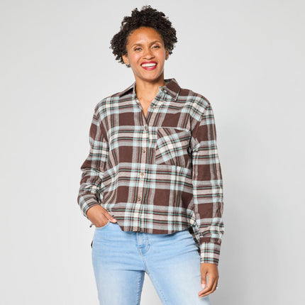 HUE Women's Plaid Flannel Relaxed Fit Button Down Hi-Low Shirt