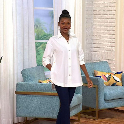 MarlaWynne WynneLayers Cotton Curved Hem Side Button Down Shirt