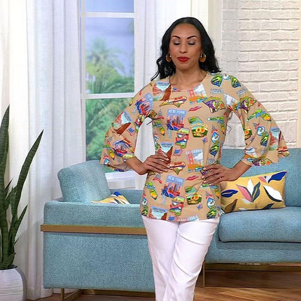Antthony Postcard Printed Studio Stretch Knit Tee with Bell Sleeves