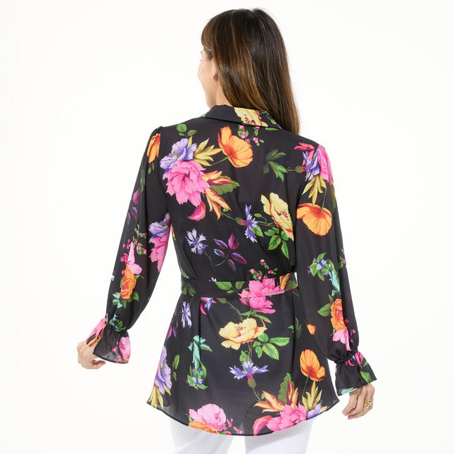 IMAN Global Chic Women's Printed Button-Front Everything Blouse with Belt