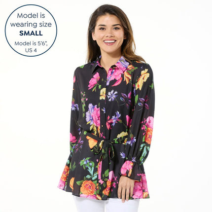 IMAN Global Chic Women's Printed Button-Front Everything Blouse with Belt